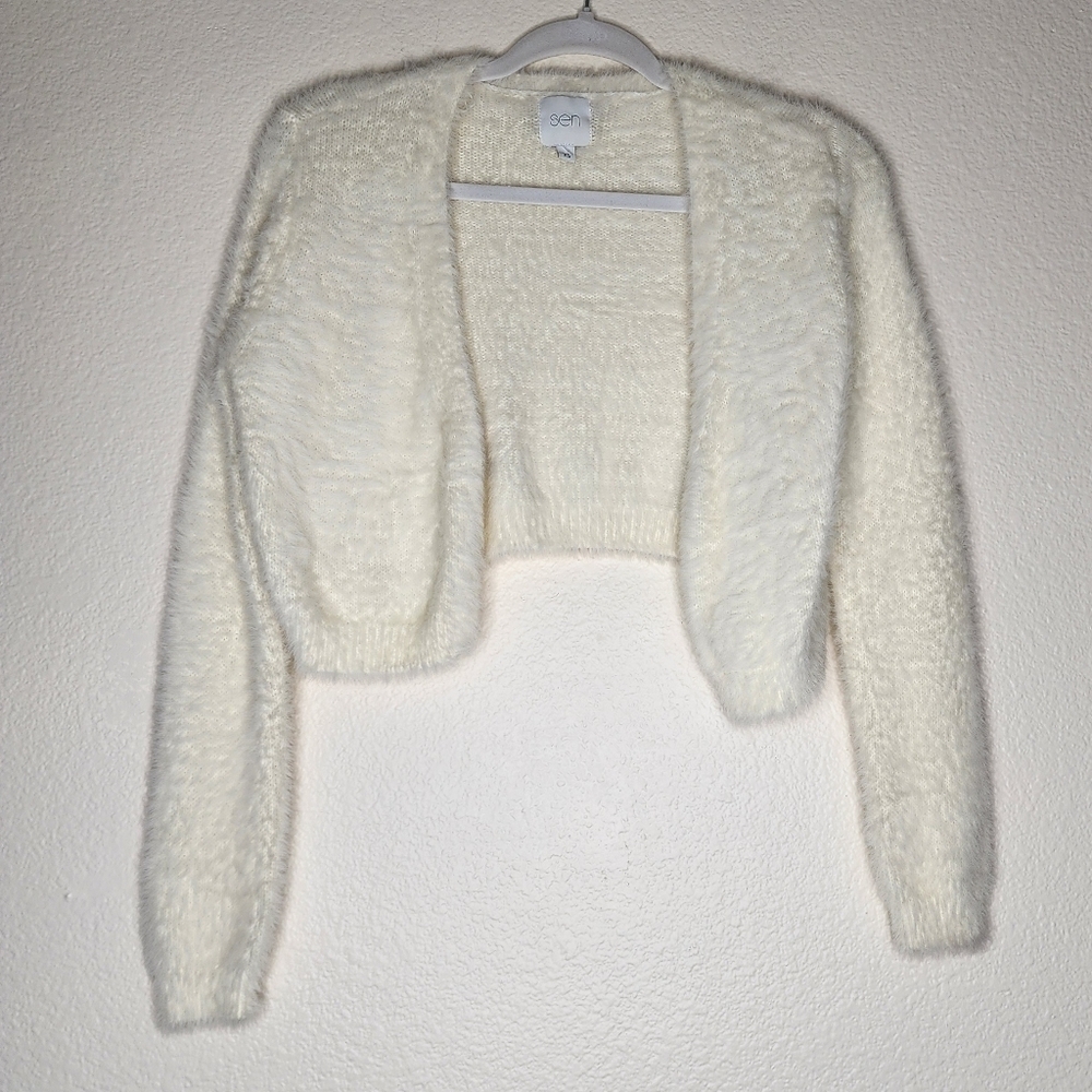 Sen Cream Fuzzy Crop Cardigan Shrug Sweater XS